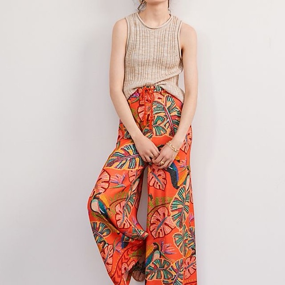 Farm Rio Birdie Wide-Leg Pants ANTHROPOLOGIE Banana Moon M Botanicals Birds NWT - Picture 7 of 7